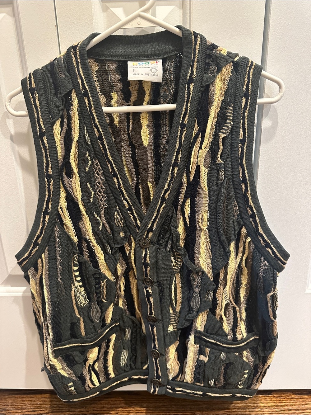 COOGI Grey, Black & Tan Textured 100% Cotton Knit Button Vest. Made in Australia